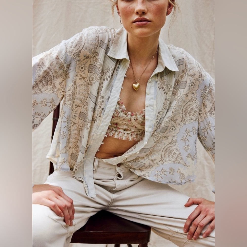 Free People Beige and White Button Down Shirt